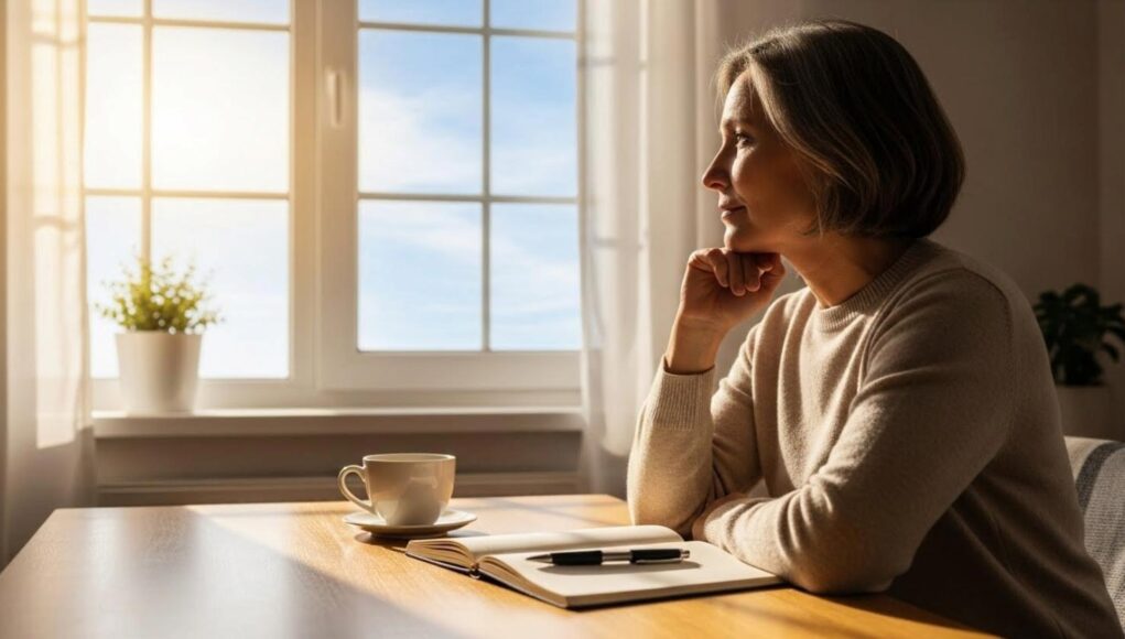 Persona de mediana edad reflexionando junto a una ventana iluminada por el sol, símbolo de cierre de año, bienestar y nuevos comienzos.