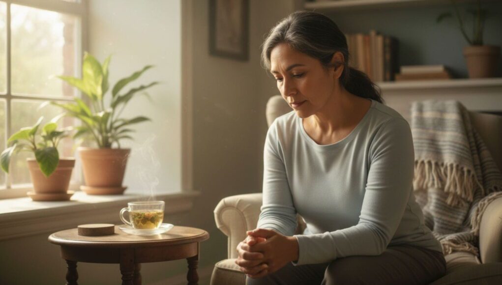 Escuchar al cuerpo para cuidar la salud Persona adulta en un momento de pausa y reflexión, simbolizando la importancia de escuchar las señales del cuerpo y prevenir enfermedades.