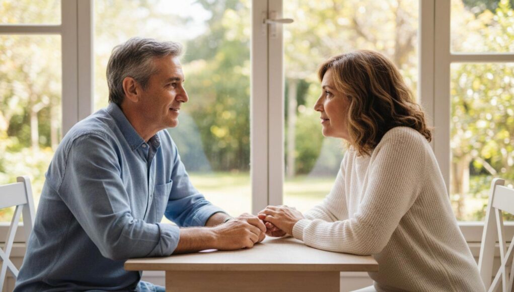 Dos personas conversando en un entorno tranquilo, representando el apoyo emocional y la importancia de pedir ayuda.